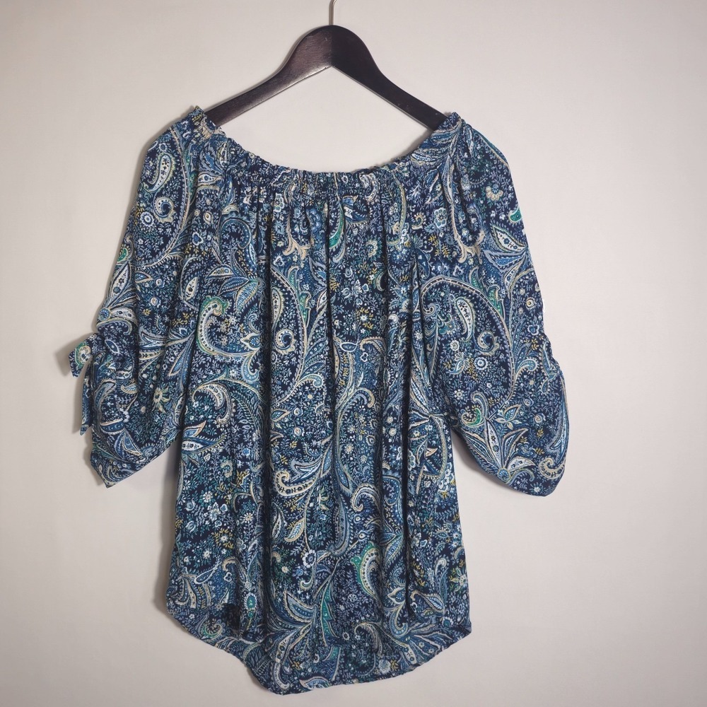 Westport Women's Off Shoulder Boho Peasant Top BLue Paisley Tie Sleeve Size L - Picture 4 of 10